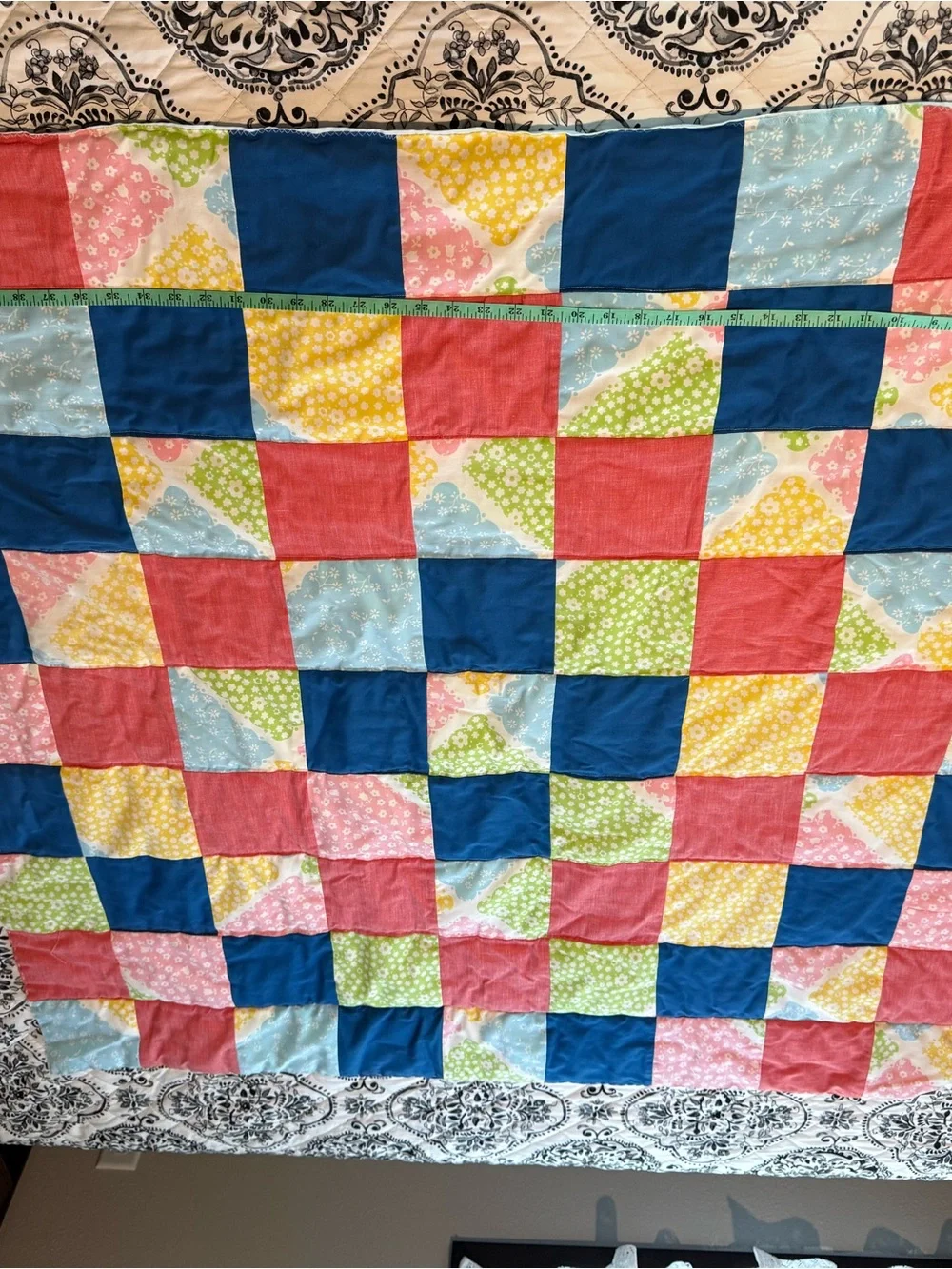 Patchwork Cotton Baby Quilt in Navy, Coral, Yellow, Mint & Light Blue